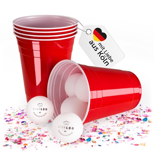 Vivaloo Partybecher 100 Stück + 12 Bälle - 473 ml Plastikbecher wiederverwendbar - Original American Red Cups 100 Stück - Partybecher Hartplastik Becher - Becher Party - Party Becher Plastik - RedCups von Vivaloo