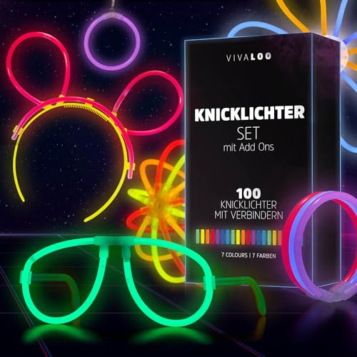 Vivaloo Knicklichter Party Set 200 Stück + Zubehör - Leuchtstäbe mit Verbinder für Leuchtarmbänder, Party Brillen, Bälle - Knicklichter Hochzeit - Party Lichter Neon - Deko Party - Glowsticks von Vivaloo