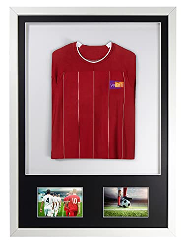 Vivarti DIY Kleinkind 3D montiert + Doppelöffnung Sport Shirt Display Rahmen für Fußball Shirt, Band T-Shirt Shadow Box - 50 x 70 cm - weißer Rahmen, schwarzes Passepartout, weiße Rückseite Karte von Vivarti