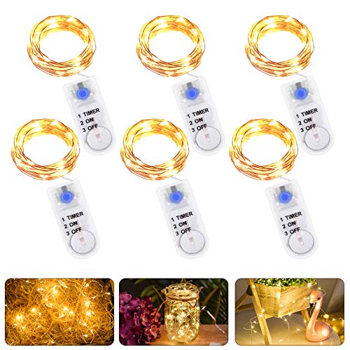 2M 20LED Lichterkette Batterie mit Timer, 6 Stk LED Micro Lichterkette mit Batterie and Timer, Kupfer Drahtlichterkette Weihnachtsbeleuchtung für Zimmer, Innen, Außen, Party, Hochzeit, DIY von Vivibel