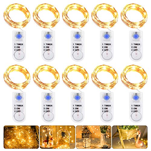 Lichterkette mit Batterie und Timer, 10 Stück 2M 20LED Microlichterkette Batterie Timer, Kupfer Batterie Lichterketten Warmweiß Weihnachtsbeleuchtung für Zimmer, Innen, Weihnachten, Außen, Party von Vivibel