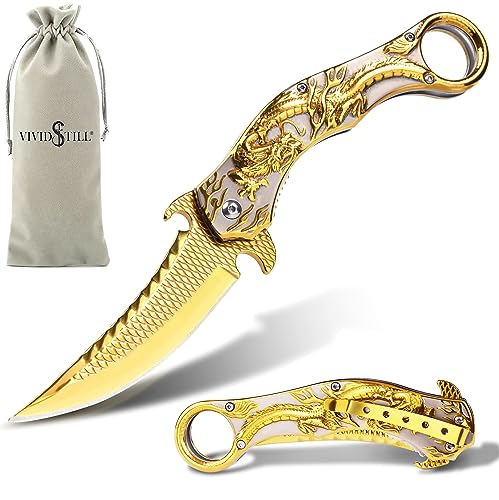 Vividstill cool Drache Klappmesser Taschenmesser für Männer, cool messer mit Titanplattiert Prägen 3D Drache, gute Geschenk Edc Messer für Männer Outdoor Überleben Camping (gold) von Vividstill