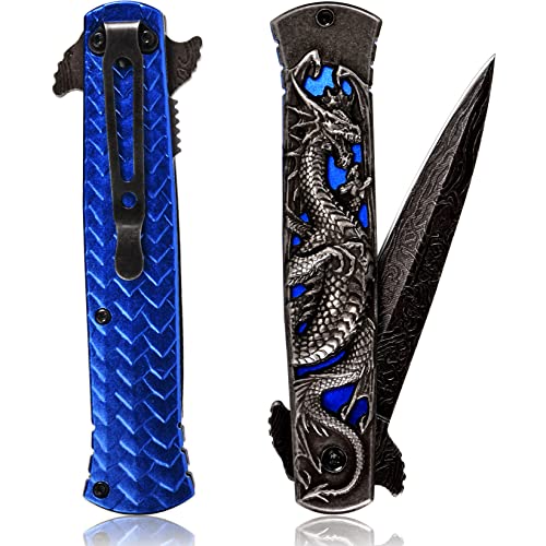 Vividstill Single Edged Klappmesser für Männer, cool 3D Drache blau Klappmesser Taschenmesser, gute Geschenk Edc Messer für Outdoor Überleben camping knife von Vividstill