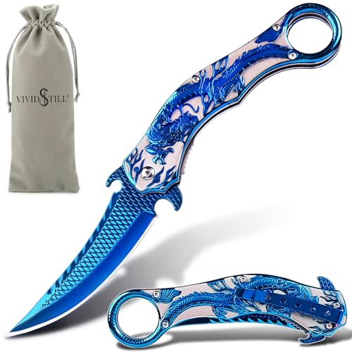 Vividstill cool Blau Drache Klappmesser für Männer, cool Klappmesser Taschenmesser mit Titanplattiert Prägen 3D Drache, gute Geschenk Edc Messer für Männer Outdoor Überleben Camping von Vividstill