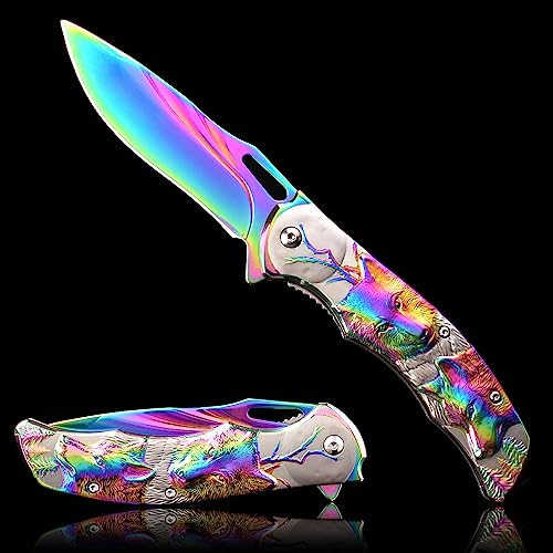 Vividstill Taschenmesser für Männer, cool bunte Klappmesser mit Titanplattiert Prägen 3D Wolf, gute Geschenk Edc Messer für Männer Outdoor Überleben Camping(blau) von Vividstill