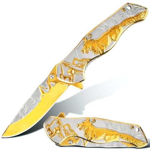 Vividstill Taschenmesser für Männer, cool golden Klappmesser mit Titanplattiert Prägen 3D Wolf, gute Geschenk Edc Messer für Männer Outdoor Überleben Camping von Vividstill