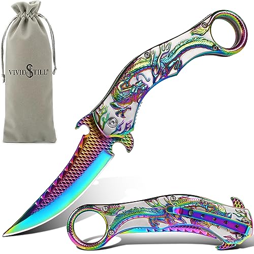 Vividstill cool Drache Klappmesser Taschenmesser für Männer, cool messer mit Titanplattiert Prägen 3D Drache, gute Geschenk Edc Messer für Männer Outdoor Überleben Camping von Vividstill