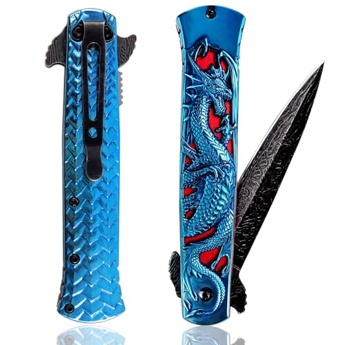 Vividstill cool Drache Klappmesser für Männer, cool Klappmesser Taschenmesser mit Titanplattiert 3D Drache, gute Geschenk Edc Messer für Männer Outdoor Überleben Camping (Blau titanplattiert) von Vividstill