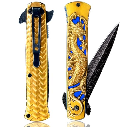 Vividstill cool Drache Klappmesser für Männer, cool Klappmesser Taschenmesser mit Titanplattiert 3D Drache, gute Geschenk Edc Messer für Männer Outdoor Überleben Camping (Goldenen titanplattiert) von Vividstill