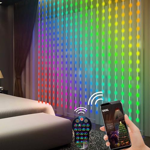 Farbwechsel RGB LED Vorhang, 400LED Smart DIY Dynamisches Lichtervorhang, IP65 Wasserdicht Lichterketten Vorhang, APP, Sync mit Musik Lichtervorhang Innen und Außen Deko (1M*1M) von Viviheyday