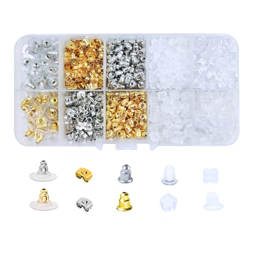 Vivixin 1080 Stück Ohrring-Verschlüsse, Ohrring-Sicherheits-Rücklaufpolster, Stopper, transparenter Gummi, Kugelform, Schmetterling, Kunststoff, sicheres Ohrring-Set (10 Stile) von Vivixin