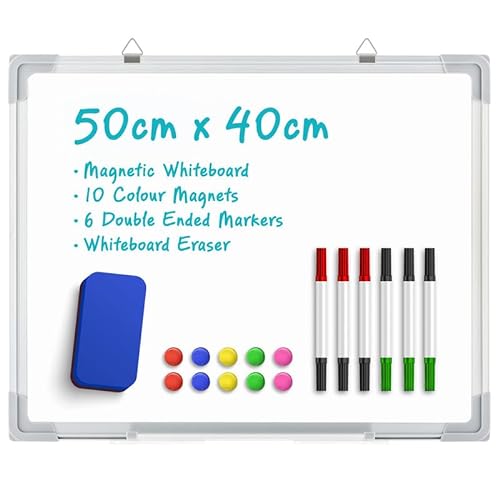 Magnetisches Whiteboard, 50 x 40 cm, Wandbehang, Whiteboard mit 10 Farbmagneten, 6 doppelseitigen Marktstiften, Whiteboard-Radiergummi, Zeichnen, Memo-Pinnwand für Büro, Schule von Vivo Technologies