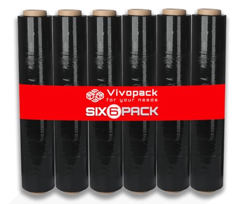 Vivopack Stretchfolie schwarz - 6 Stück - Verpackungsfolie auf Rolle, Stretchfolienrolle, 50 cm, 23μm, 250m, Schwarze Folie Selbstklebend, Wickelfolie Stretchfolie für Paletten, Umzugsfolie von Vivopack