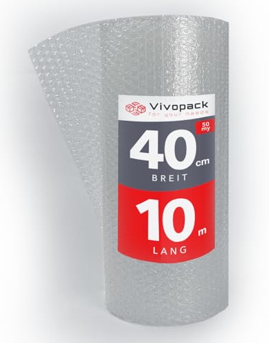 Vivopack® Luftpolsterfolie Rolle 40cm x 10m lang, 50my | Verpackungsfolie ideal für Umzug, Versand oder Verpackung | Bubble Wrap, Polstermaterial, Noppenfolie, Verpackungsmaterial von Vivopack