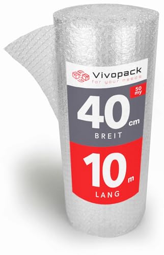 Vivopack Luftpolsterfolie Rolle - 2 Stück, 40cm x 10m lang, 50my, Verpackungsmaterial, Noppenfolie, Bubble wrap, Verpackungsfolie, Verpackungsmatierial: Luftpolsterfolien, Umzugsfolie für Möbel von Vivopack