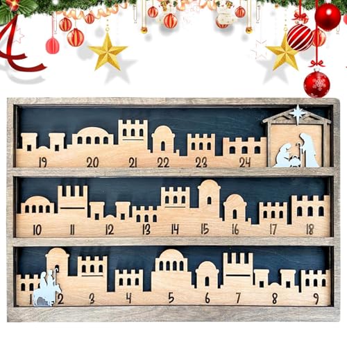 Vjeybv Weihnachtskrippe Adventskalender Holz, Maria und Josef Reisen Adventskalender Religiöser Urlaub Zeichen Kalender Jesus 24 Tage Weihnachten Countdown Holz Krippe Kalender für Heimdekorationen von Vjeybv