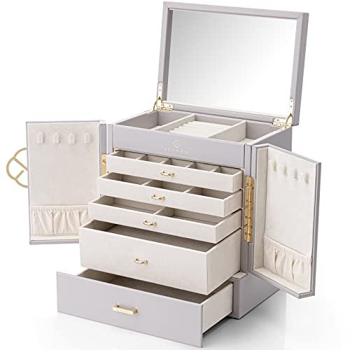 Vlando Große 5-lagige Schmuckschatulle, PU-Leder Schmuck-Organizer mit abnehmbarem Schmucktablett für Halskette, Ohrringe, Ringe, Armbänder, Schmuckaufbewahrung, Vitrine für Frauen, Geschenk, Grau von Vlando