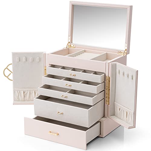 Vlando Große 5-lagige Schmuckschatulle, PU-Leder Schmuck-Organizer mit abnehmbarem Schmucktablett für Halskette Ohrringe Ringe Armbänder Schmuckaufbewahrung Vitrine für Frauen Geschenk, Aprikosenweiß von Vlando