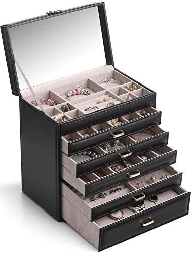 Vlando Große Schmuckschatulle mit 6 Ebenen für Frauen – großer Schmuck-Organizer mit Spiegel, Schmuckschatulle für Schublade, Halskette, Ring, Armband und Uhr, Geschenk für geliebte Menschen, Schwarz von Vlando