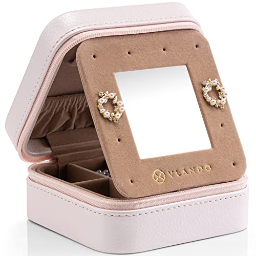 Vlando Kleine Reise-Schmuckschatulle aus Plüschsamt, Mini-Schmuckschatulle für Damen, Mädchen, Ringe, Ohrringe, Halsketten, Armbänder, Schmuck-Organizer mit Spiegel, Reisezubehör, Geschenke, Blush von Vlando