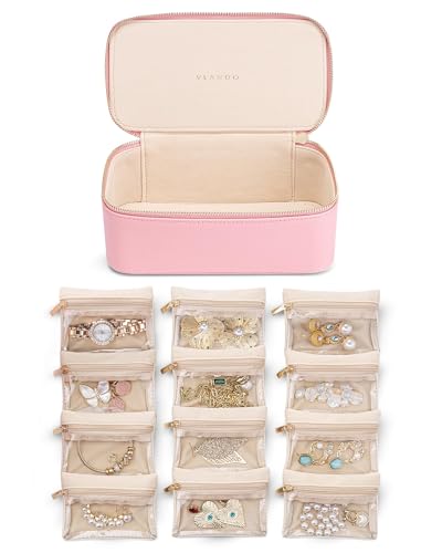 Vlando Reise-Schmuckkoffer, PU-Leder, Schmuck-Organizer mit 12 Samt-Schmuckbeuteln, Schmuckschatulle für Halskette, Ring, Geschenke für Frauen, Erdbeer-Rosa-L von Vlando