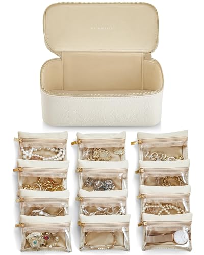 Vlando Reise-Schmuck-Organizer, PU-Leder-Schmuckschatulle mit 12 Samt-Schmuckbeuteln, Schmucketui für Halskette, Ring, Geschenke für Frauen, Weiß, L von Vlando