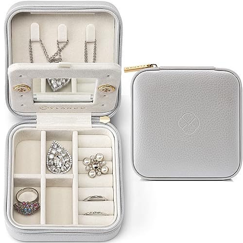 Vlando Schmuckkästchen Mädchen, Schmuckbox Klein Damen, für Ringe Ohrringe mit Spiegel Jewelry Box, Schmuckaufbewahrung Leder, Schmuckschatulle für Mädchen, Frauen Geschenk Grau von Vlando