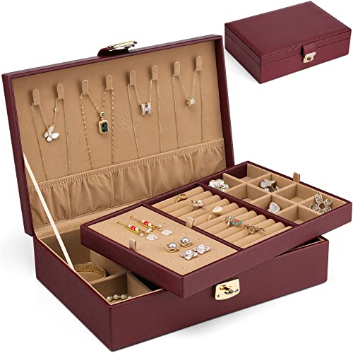 Vlando Schmuckkästchen-Schmuckaufbewahrung Leder Schmuckkasten-Damen, Geschenk für Frauen, Große Schmuckschatulle mit 2 Ebenen, Jewelry Organizer Ketten Aufbewahrung (Red) von Vlando