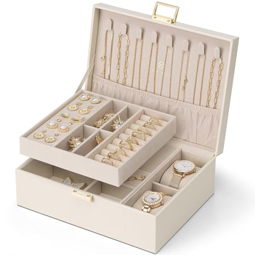 Vlando Schmuckkästchen für Damen Mädchen, 2 Ebenen Schmuckaufbewahrung Leder, Schmuckkasten mit 2 Uhrenkissen, Schmuck Organizer, Schmuckschatulle, Geschenkidee, für Uhren, Ringe Ohrringe Halsketten von Vlando