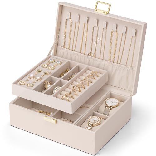 Vlando Schmuckkästchen für Damen Mädchen, 2 Ebenen Schmuckaufbewahrung PU-Leder, Schmuckkasten, Schmuck Organizer Damen, Schmuckschatulle, Uhren Aufbewahrung, für Ringe Ohrringe Halsketten, Beigerosa von Vlando