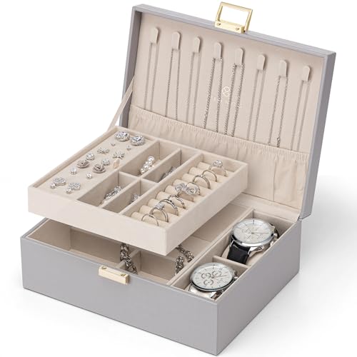 Vlando Schmuckkästchen für Damen Mädchen, 2 Ebenen Schmuckaufbewahrung PU-Leder, Schmuckkasten, Schmuck Organizer Damen, Schmuckschatulle, Uhren Aufbewahrung, für Ringe Ohrringe Halsketten, Grau von Vlando