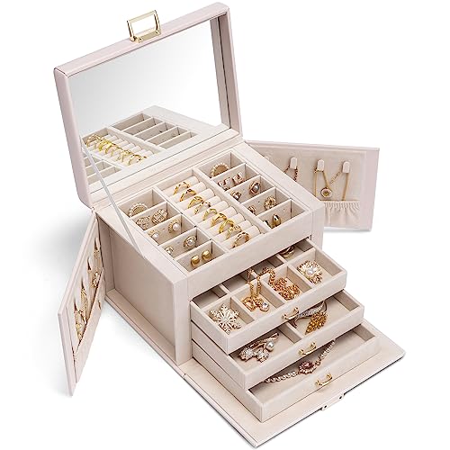 Vlando Schmuckkästchen Schmuckkasten Groß mit 4 Ebenen, Schmuckschatulle PU Leder, Schmuckbox mit Spiegel und Schubladen, Schmuck Organizers, Innenfutter aus Samt, Beige von Vlando