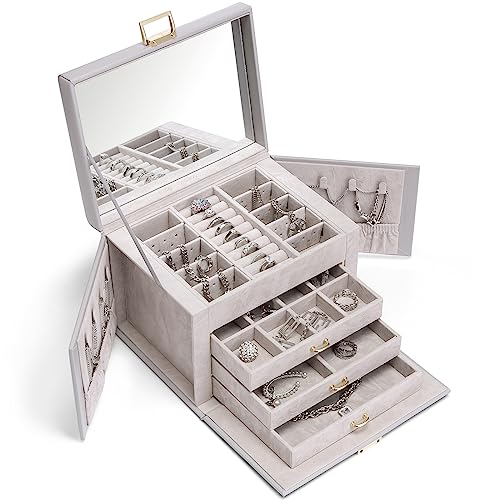 Vlando Schmuckkasten Jewelry Box mit 4 Ebenen, Schmuckschatulle Groß PU Leder, Schmuckkästchen mit Spiegel und Schubladen, Schmuck Organizers, Innenfutter aus Samt, Grau von Vlando