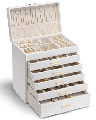 Vlando Schmuckkasten Schmuckschatulle Schmuckkästchen-Groß Schmuckbox-Damen, mit 6 Ebenen Schubladen aus Faux Leder für Ohrringe Ketten Schmuck Organizers Weiß von Vlando