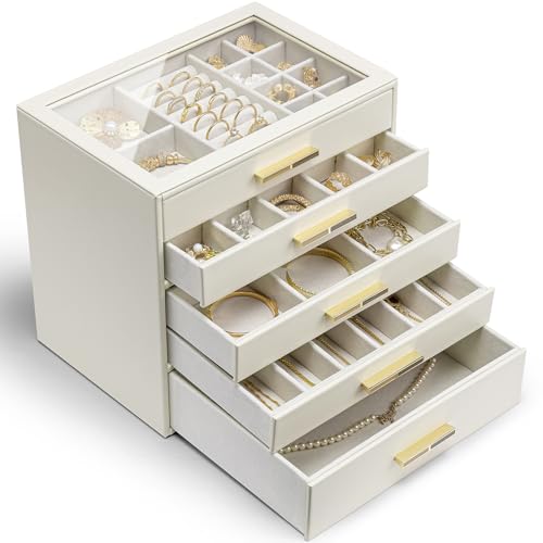 Vlando Schmuckschatulle für Damen und Mädchen, Schmuck-Organizer, 4 Schubladen, Glasdeckel, Schmuck-Organizer, Aufbewahrung für Edelsteine, Diamanten, Halsketten, Ringe, Ohrringe, Armbänder, Weiß von Vlando