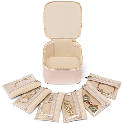 Vlando Schmuckschatulle mit 6 Samt-Schmuckbeuteln, Reise-Schmuck-Aufbewahrungsbox für Frauen und Mädchen, hochwertiger Blütenblatt-Hardware, Schmuck-Organizer, Halsketten, Ohrringe, Taschen (rosa) von Vlando