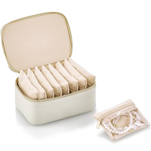 Vlando Reise-Schmuckschatulle mit 8 Samt-Schmuckbeuteln, Schmuck-Reise-Organizer-Box für Mädchen, Schmuckschatulle für Ringe, Ohrringe, Weihnachten, Jahrestag, Geburtstag, Geschenke für Frauen (weiß) von Vlando