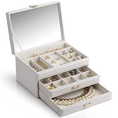 Vlando Schmuckschatulle mit randlosem Spiegel, PU-Leder, 3-lagig, Schmuck-Organizer-Boxen mit 2 Schubladen für Ringe, Armbänder, Ohrringe, Halsketten, Geschenk für Frauen, Weihnachten, Neujahr, von Vlando