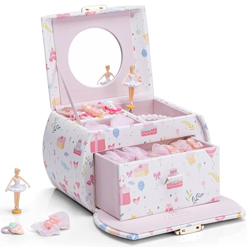 Vlando Spieluhr Ballerina Schmuckkästchen, Abschließbares Schmuckschatulle Mädchen PU Leder mit Schubladen, Schmuckkästchen Kinder, Schmuckbox mit Kanon Melodie, Mädchen Geschenke von Vlando