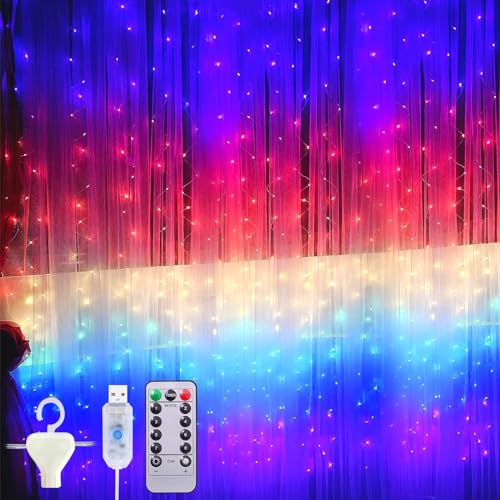 Vleuexe Lichtervorhang 3X 3m,300 LEDs USB LED Lichterkettenvorhang Bunt 8 Modi mit Fernbedienung,Timer IP44,String Light für Weihnachten Party,Innenbeleuchtung,Partydekoration von Vleuexe