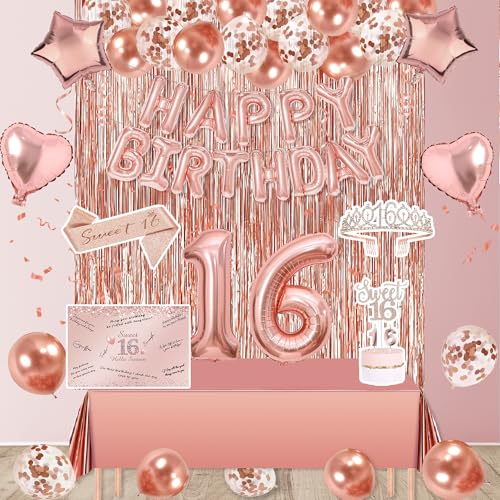 Vlipoeasn Sweet 16 Birthday Decorations Set for Girls, Rose Gold 16 Birthday Signature Card, Sweet 16 Sash and Tiara, Happy 16th Birthday Cake Topper and Candle, Pink Gold 16 Number Balloons von Vlipoeasn