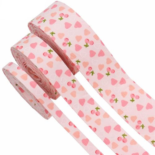 Vllcsla Geschenkband Rosa Pink, 10mm 25mm 38mm, Doppelseitig, Ohne Nähkante, 90 cm Länge, Herz- und Kirschmuster, für Geschenkverpackung und Selbermachen, Packung mit 3 Größen von Vllcsla