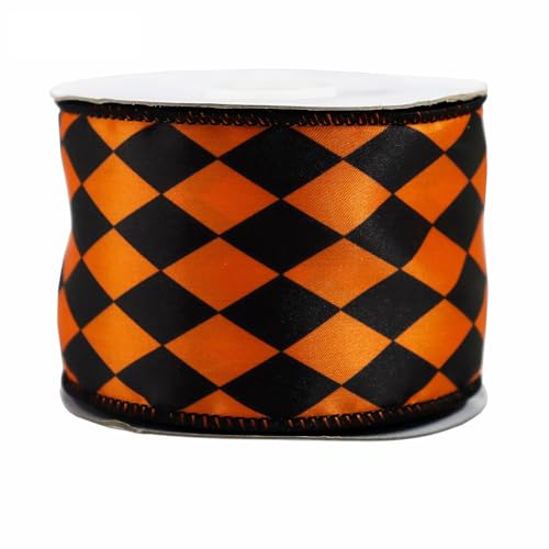 Vllcsla Halloween Geschenkband 6,3 cm, Polka Dots/Streifen/Diamant Gittermuster, Orange Schwarz Weiß, Halloween Schleifenband, Halloween Satin Geschenkband, 4,5 Meter Lang von Vllcsla