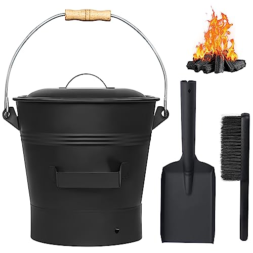 Ascheeimer mit Deckel, 10 Liter Holzkohle Kohleeimer Set mit Schaufel und Handbesen, Werkzeugset Zubehör für Kamin, Feuerstelle, Holzofen, Ascheschaufel mit Deckel für Kamin und Grill Kehrset, Schwarz von Vnierxful