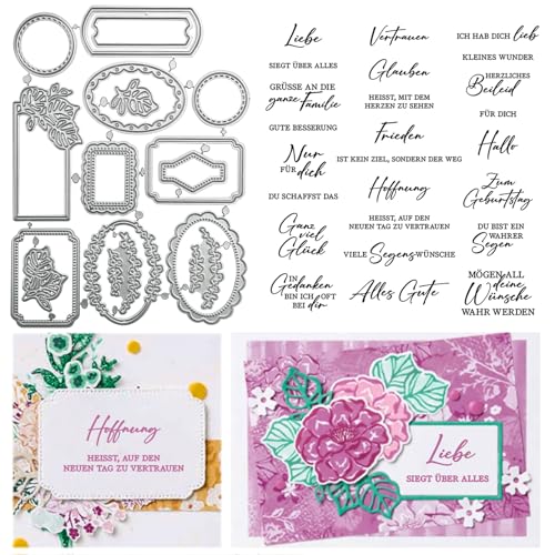 VnkloMes 2024 Neue Stempel und Stanzen Set, Sprüche Deutsch Clear Stamp Geburtstag Stempel Hochzeit Stempel mit Metall Schneiden Sterben für DIY Einladung Karten Journal Scrapbookin von VnkloMes