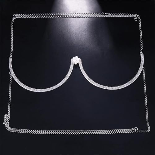 Vnook Brustkette Für Damen Und Mädchen, Glitzernde Strass Brustkette Trendiger Kristall Diamanten Körperkette BH Kette Sexy Strand Bikini BH Kette(Silver) von Vnook