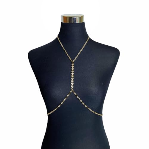 Vnook Kristall Körperkette K Für Frauen,BH Kette Strand Strass Brustkette Bikini Party Nachtclub Chest Chain Für Frauen(Gold) von Vnook