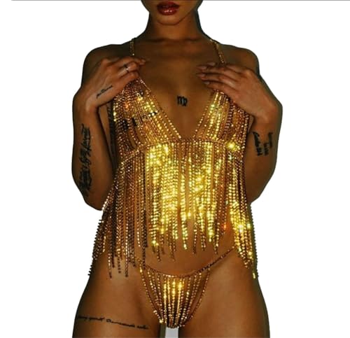 Vnook Modus Körperkette Sexy Diamant Brustkette BH Höschen Glänzend Strass KKristallkette Bikini Brustschmuck Sexy Für Damen Und Mädchen(Gold) von Vnook