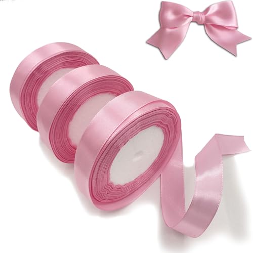 VntMQP 66 Meters 3 Rollen Satinband Rosa 2CM X 22M Dekoration Geschenkband breit Schleifenband, Stoffband für Hochzeit, Rosa Geschenkbänder für Taufe und Geburtstag Geschenke von VntMQP