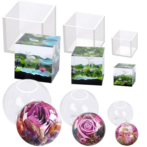 Voaesdk 6 Stück klare Harzformen aus Silikon-Set, transparente nahtlose Kugel und tiefe Würfel-Silikonformen, große Kugel, quadratische Epoxidharz-Formen für Blumen, Konservierung, Heimdekoration von Voaesdk